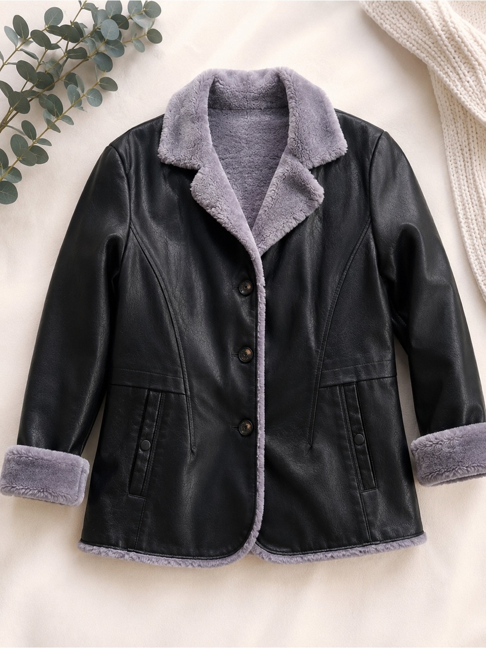 NWOT Black Faux Leather Shearling Faux Fur Lined Jacket L /XL